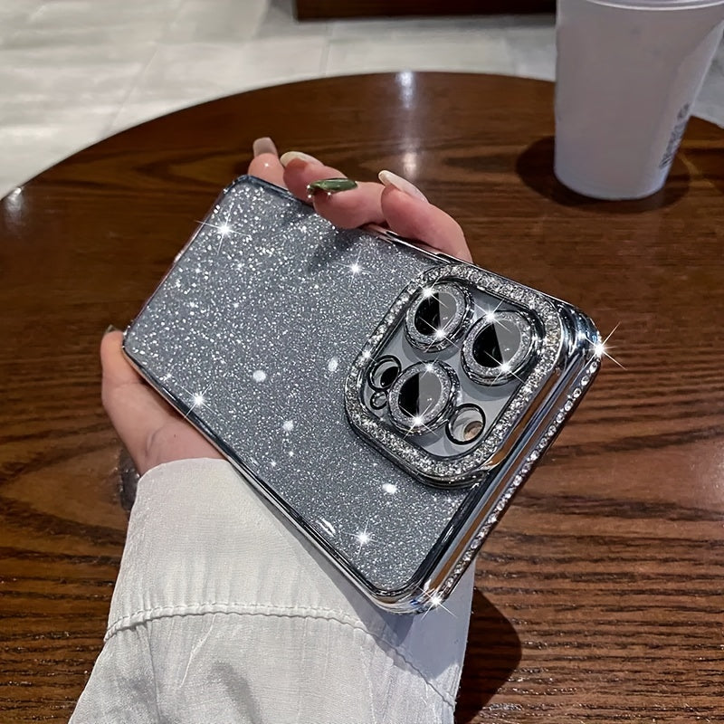 Luxury shiny diamond rhinestone phone case for iPhone 11, 12, 13, 14, 15 Pro, Plus, Pro Max with camera lens protector coated glitter card soft TPU material phone case, perfect holiday gift