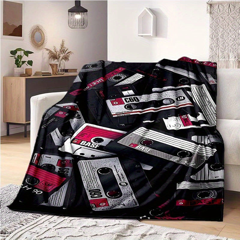Retro Cassette Tape Design Soft Polyester Square Blanket for Sofa, Bed, Picnic, and Office Use - Comfortable and Cozy Art Print Throw Blanket