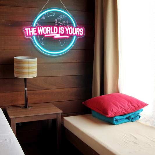 10-Level Dimmable Multicolor LED Neon Sign - The World Is Your Engraved Planet Design for Wall Decor, Office, Bar, Party & More - USB Powered