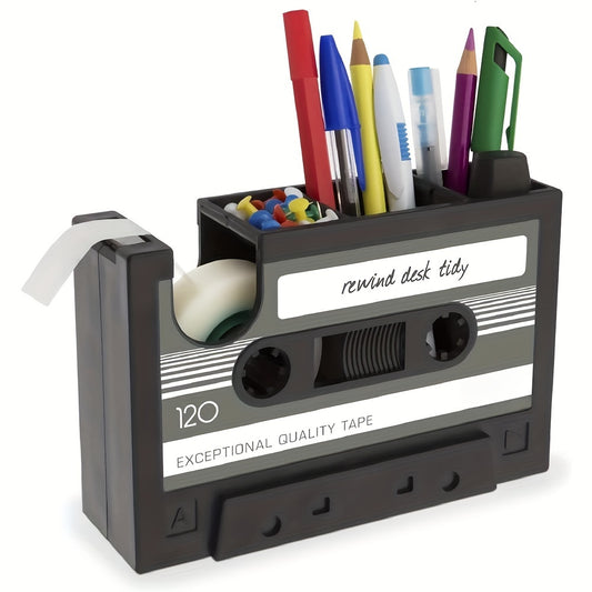 Retro Cassette Tape Dispenser & Pen Holder - Black ABS Resin Desk Organizer, Office Stationery Caddy with Vase Design