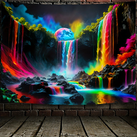 1pc Waterfall With Rainbow Forest Nightscape Fluorescent Tapestry, Galaxy Nature Landscape Polyster UV Blacklight Tapestry, Holiday Gift, Wall Hanging For Living Room Bedroom Office Home Decor/Room Decor/Party Decor, With Fr