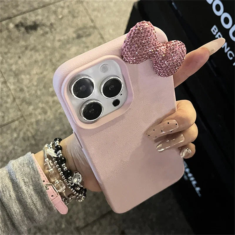 Rhinestone Bow Litchi Pattern Leather Shockproof Phone Case For iPhone 17 16 15 14 13 12 11 Pro Max 7 8 Plus X XS XR 16E Cover
