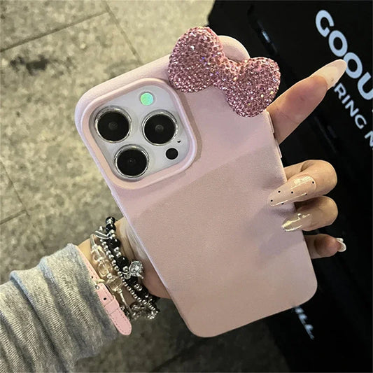 Rhinestone Bow Litchi Pattern Leather Shockproof Phone Case For iPhone 17 16 15 14 13 12 11 Pro Max 7 8 Plus X XS XR 16E Cover