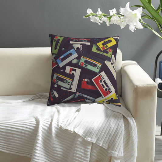 1pc 18x18 Inch Vintage Cassette Tape Design Throw Pillow Cover - Soft Retro Music Themed Short Plush Cushion Case with Classic Rock Decor - Traditional Style for Sofa, Couch, Bed, Dorm Room, Cover Only No Insert, Easy Care an