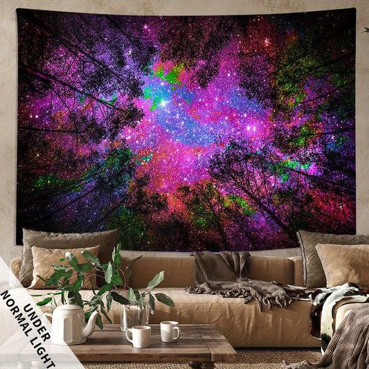 1pc Enchanting Forest Night Scene Fluorescent Tapestry - Vibrant for Galaxy Wall Hanging, UV BlackLight Reactive, Polyester Suede Fabric, Ideal for Bedroom, Living Room, Office Decor - Free Installation Kit Included, Celestia