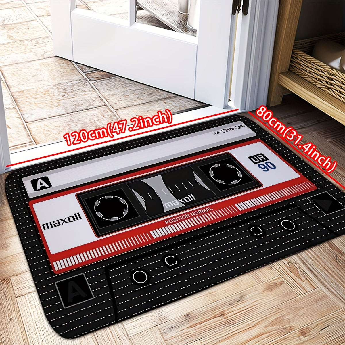 Retro Cassette Tape Design Soft Flannel Anti-Slip Rug Pad - Machine Washable, Rectangle, Braided Weave, Medium Pile, Machine Made Polyester, Non-Slip Backing for Kitchen, Bathroom, Indoor Entrance, Decorative Floor Mat for Li