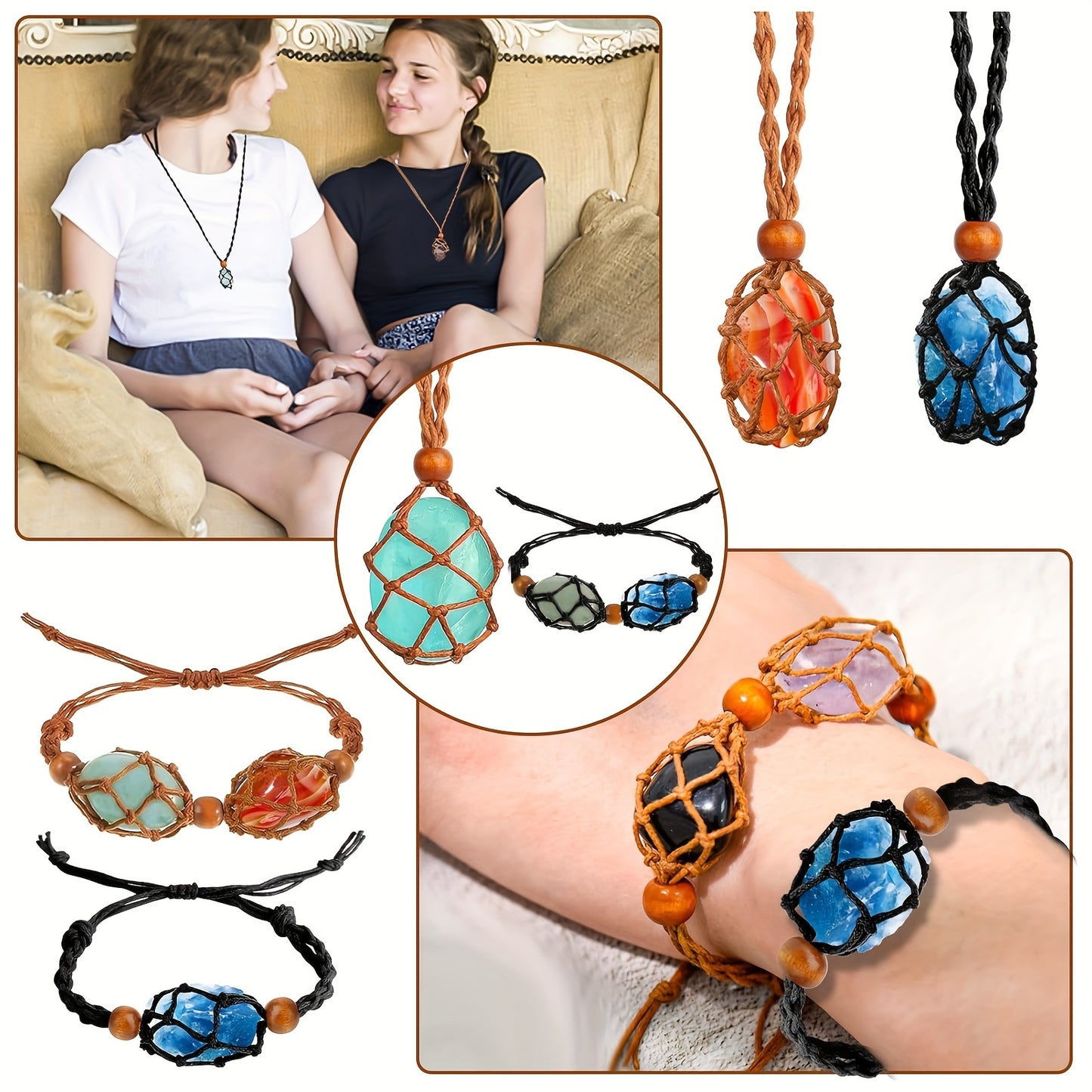 10pcs Crystal Necklace Bracelet Holder Cord, Adjustable Empty Stone Holder, Boho Cage Holder Rope for DIY Jewelry Making