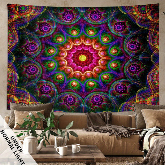 1pc Bohemian Mandala Fluorescent Tapestry, Hippy Colorful Aesthetic Polyster UV Blacklight Tapestry, Wall Hanging For Living Room Bedroom Office Home Decor/Room Decor/Party Decor, With Free Installation Package