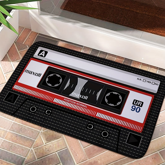 Retro Cassette Tape Design Soft Flannel Anti-Slip Rug Pad - Machine Washable, Rectangle, Braided Weave, Medium Pile, Machine Made Polyester, Non-Slip Backing for Kitchen, Bathroom, Indoor Entrance, Decorative Floor Mat for Li