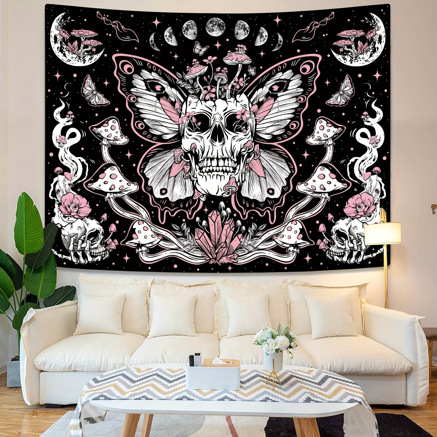 1pc Skull Floral Tapestry, Mushroom Skeleton Goth Tapestry Garden Aesthetic Tapestries For Bedroom Dorm Room Office Home Decor For Halloween