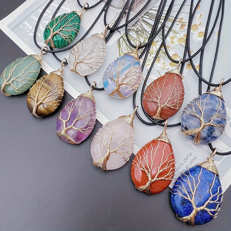 1pc Natural Crystal Droplet Cooper Tree Of Life Charm Pendant Necklace, Black Faux Leather Chakra Gemstone Jewelry Gifts For Women Men