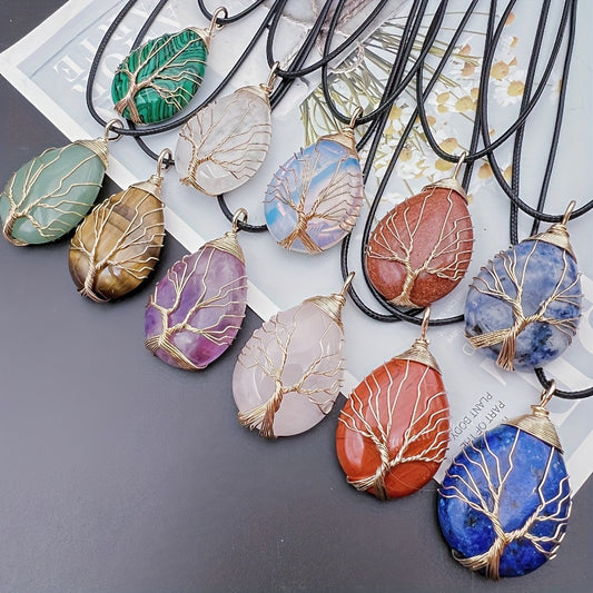 1pc Natural Crystal Droplet Cooper Tree Of Life Charm Pendant Necklace, Black Faux Leather Chakra Gemstone Jewelry Gifts For Women Men