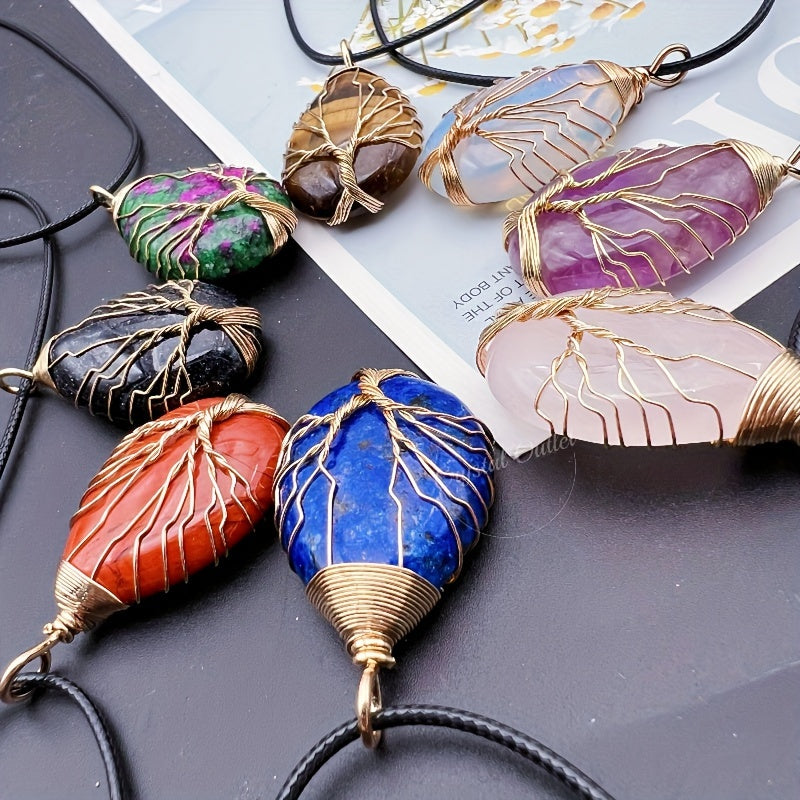 1pc Natural Crystal Droplet Cooper Tree Of Life Charm Pendant Necklace, Black Faux Leather Chakra Gemstone Jewelry Gifts For Women Men