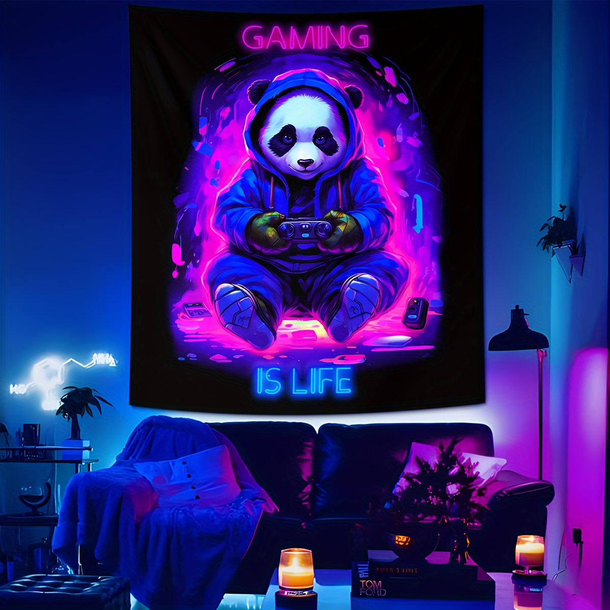 UV-Blacklight Panda Tapestry for Gamers' Rooms & Bedrooms - Easy Install, Cosmic Space Theme
