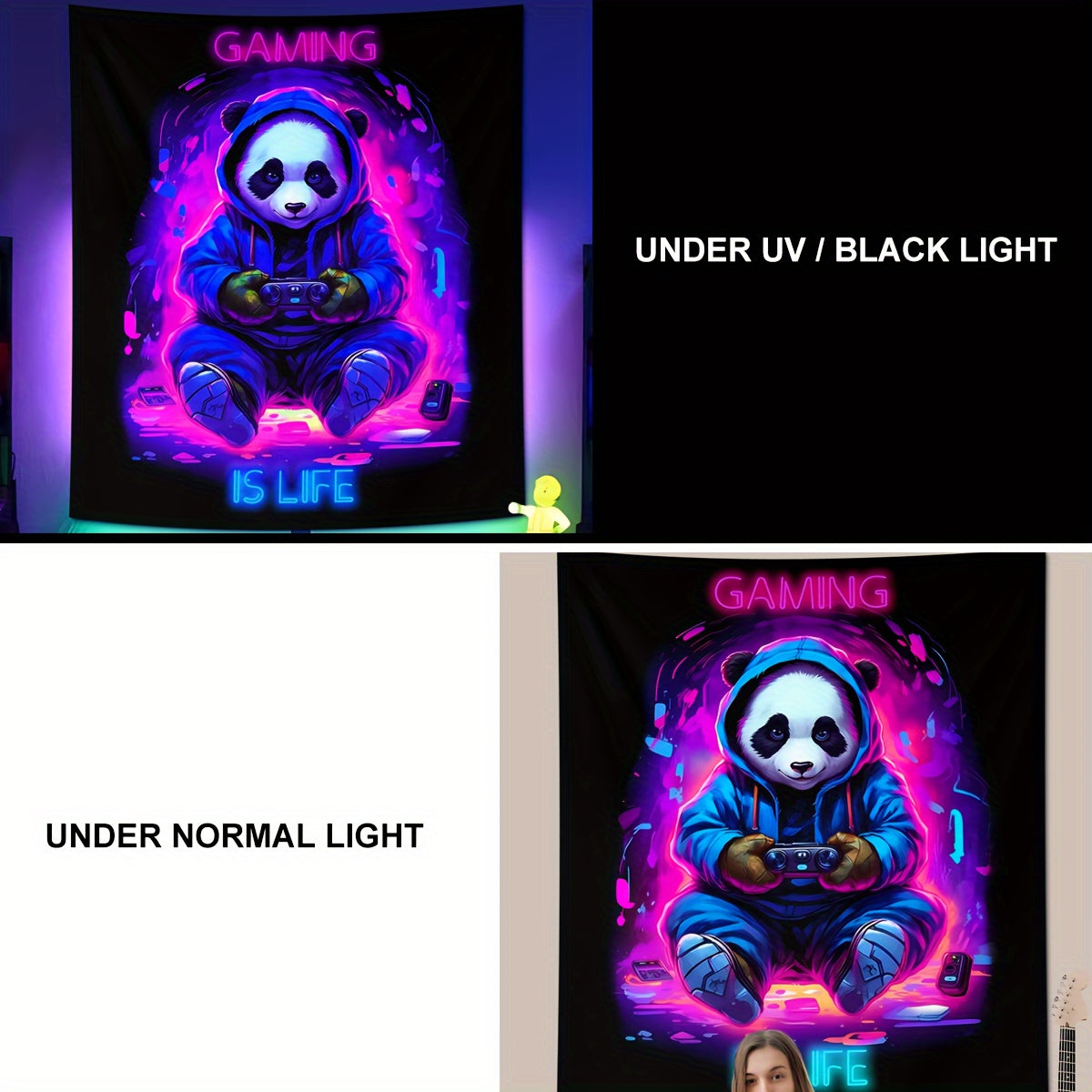 UV-Blacklight Panda Tapestry for Gamers' Rooms & Bedrooms - Easy Install, Cosmic Space Theme