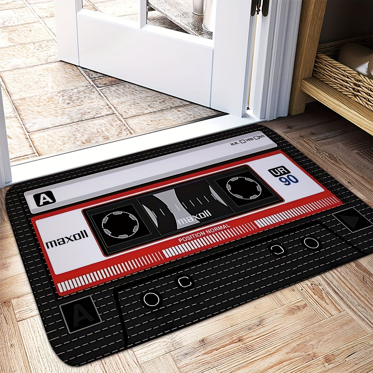Retro Cassette Tape Design Soft Flannel Anti-Slip Rug Pad - Machine Washable, Rectangle, Braided Weave, Medium Pile, Machine Made Polyester, Non-Slip Backing for Kitchen, Bathroom, Indoor Entrance, Decorative Floor Mat for Li