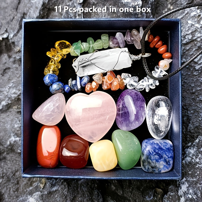 11pcs/set Crystals Gemstones Set, Raw Chakra Stones Colorful Bracelet & Heart Shape Gemstones & Hexagonal Crystal Necklace, Festival Gift & Collection