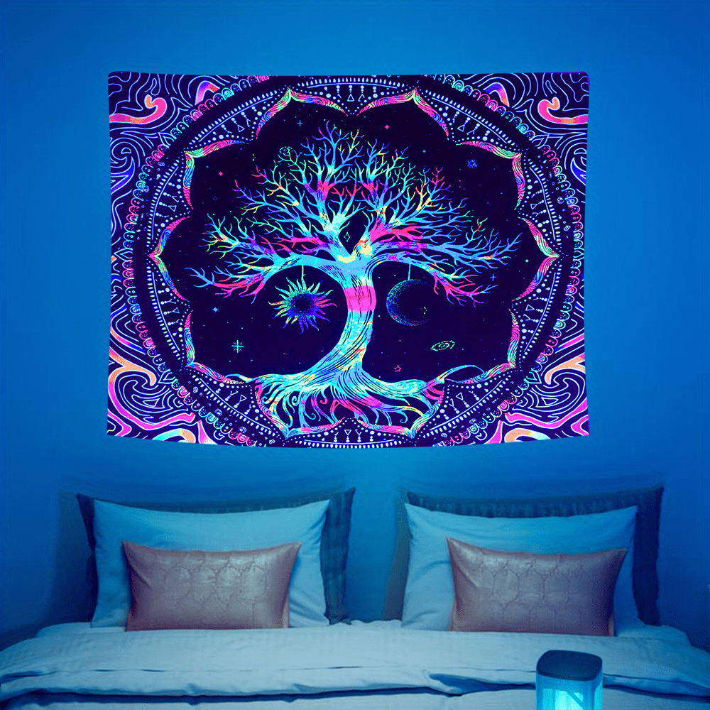 1pc Peach Skin 90gsm Psychedelic Tree of Life Black Light Tapestry, Psychedelic Mandala Fluorescent Hanging Cloth, UV Black Light Decorative Cloth, for Home Living Room Use