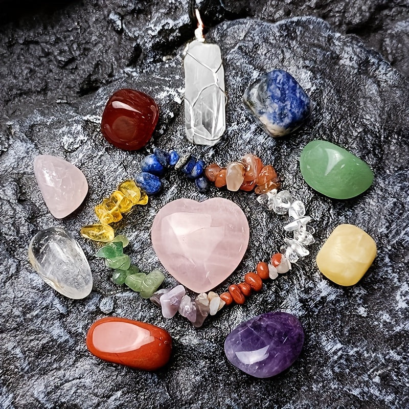 11pcs/set Crystals Gemstones Set, Raw Chakra Stones Colorful Bracelet & Heart Shape Gemstones & Hexagonal Crystal Necklace, Festival Gift & Collection