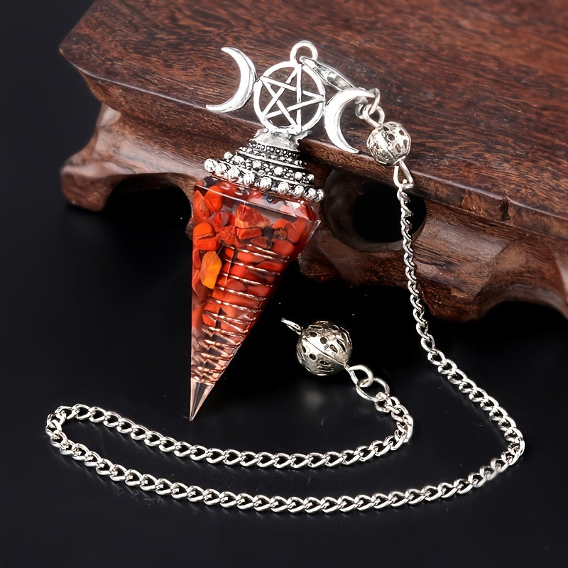 1PC Seven Chakra Gravel Resin Artificial Crystal Pendant, Divination Moon Chakra Hexagonal Cone Pendulum