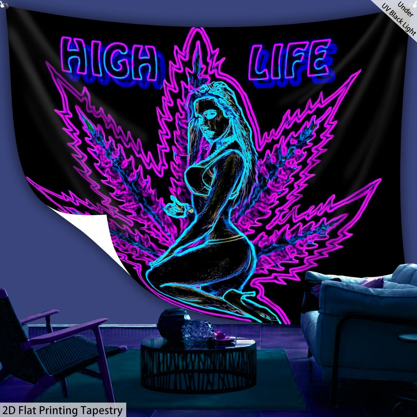 1pc High Life Leaf Pattern Fluorescent Tapestry - UV Black Light Wall Hanging for Living Room, Bedroom, Office & Party Decor - Easy Installation with Free Package, Bedroom Decor, Stylish Room Accent, Durable Room Accent