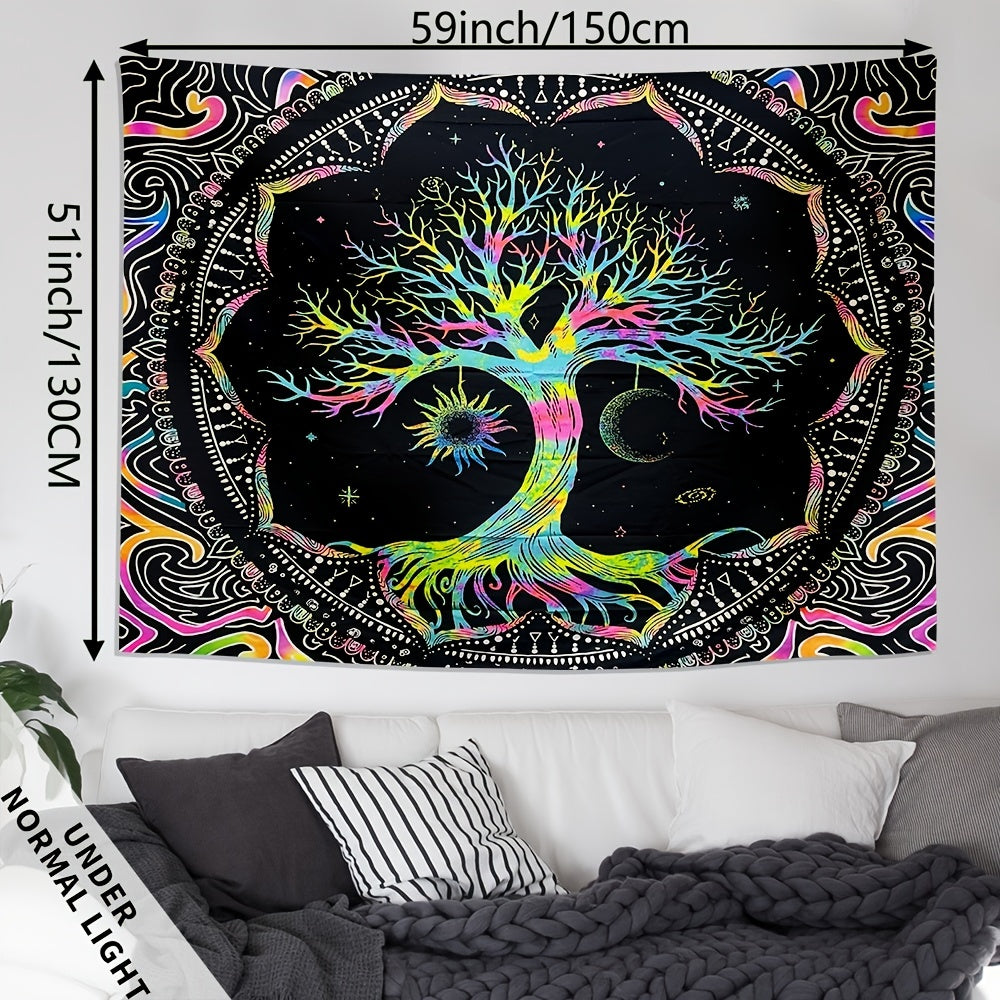 1pc Peach Skin 90gsm Psychedelic Tree of Life Black Light Tapestry, Psychedelic Mandala Fluorescent Hanging Cloth, UV Black Light Decorative Cloth, for Home Living Room Use
