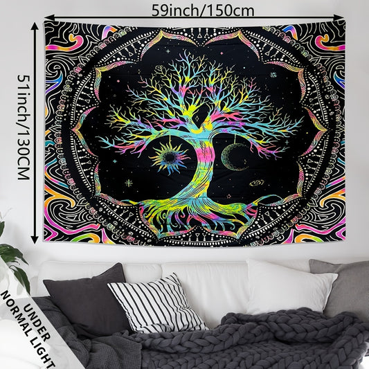 1pc Peach Skin 90gsm Psychedelic Tree of Life Black Light Tapestry, Psychedelic Mandala Fluorescent Hanging Cloth, UV Black Light Decorative Cloth, for Home Living Room Use