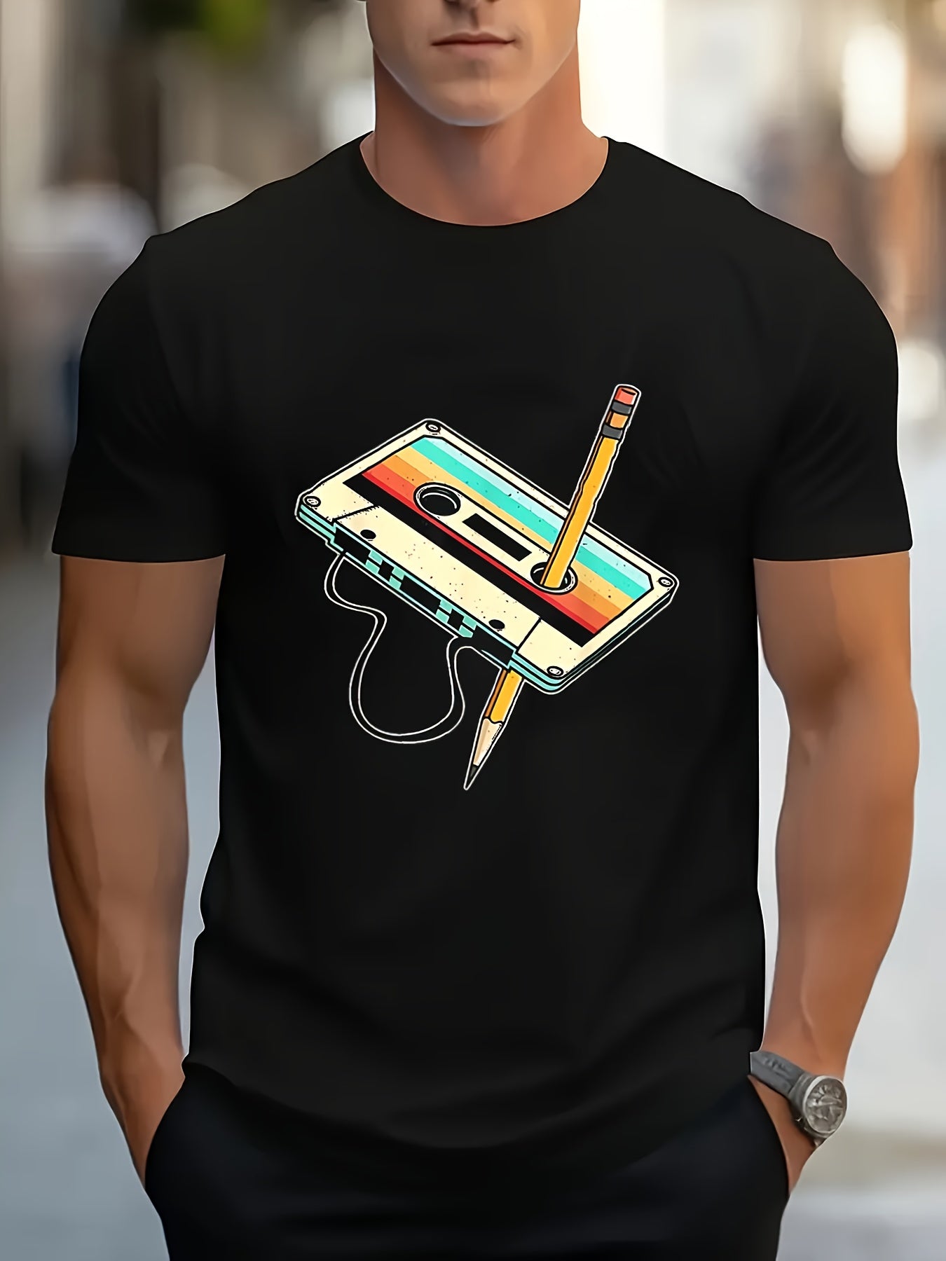 80s Retro Nostalgia 1980s Cassette Tape Pencil Music T-Shirt for Summer, Spring and Autumn Wear