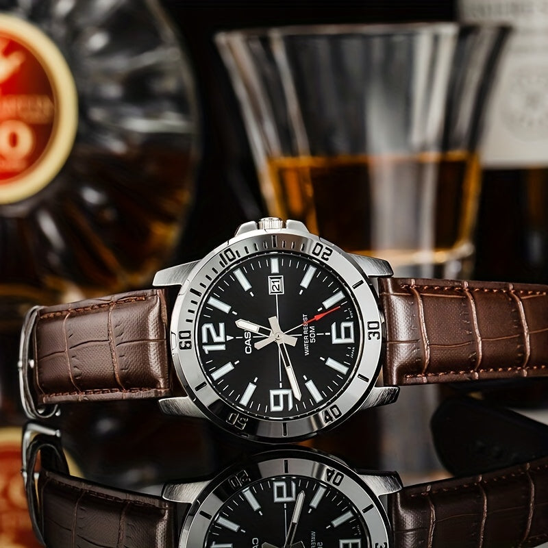 Casio Quartz Date Watch 50M Water Resistant Leather Strap