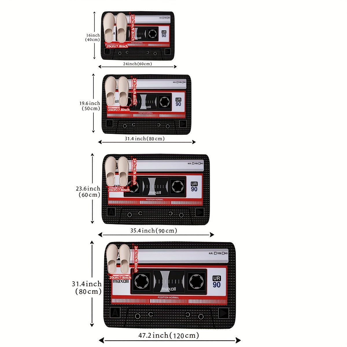 Retro Cassette Tape Design Soft Flannel Anti-Slip Rug Pad - Machine Washable, Rectangle, Braided Weave, Medium Pile, Machine Made Polyester, Non-Slip Backing for Kitchen, Bathroom, Indoor Entrance, Decorative Floor Mat for Li