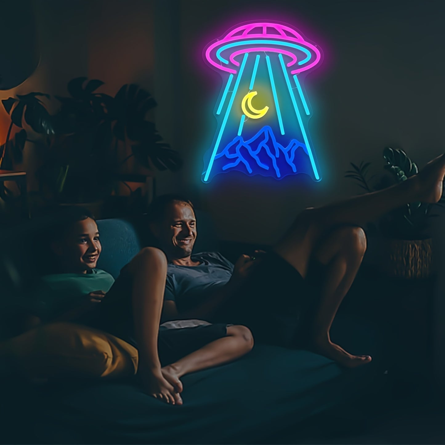 UFO & Moon LED Neon Sign - Dimmable Alien Spaceship Wall Decor for Bedroom, Game Room, Beer Bar, Nightclub, and Shop - USB Powered