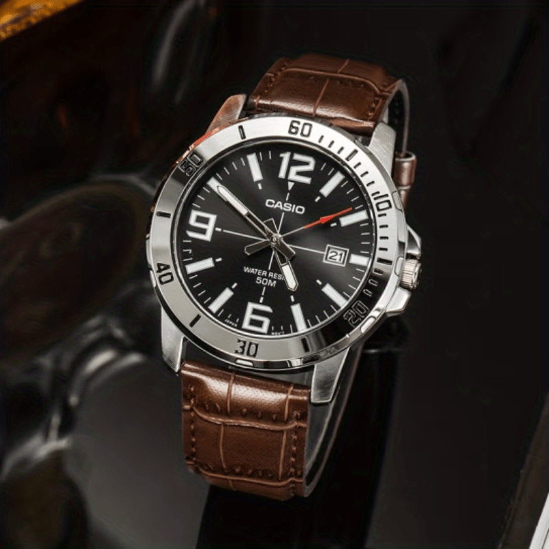 Casio Quartz Date Watch 50M Water Resistant Leather Strap