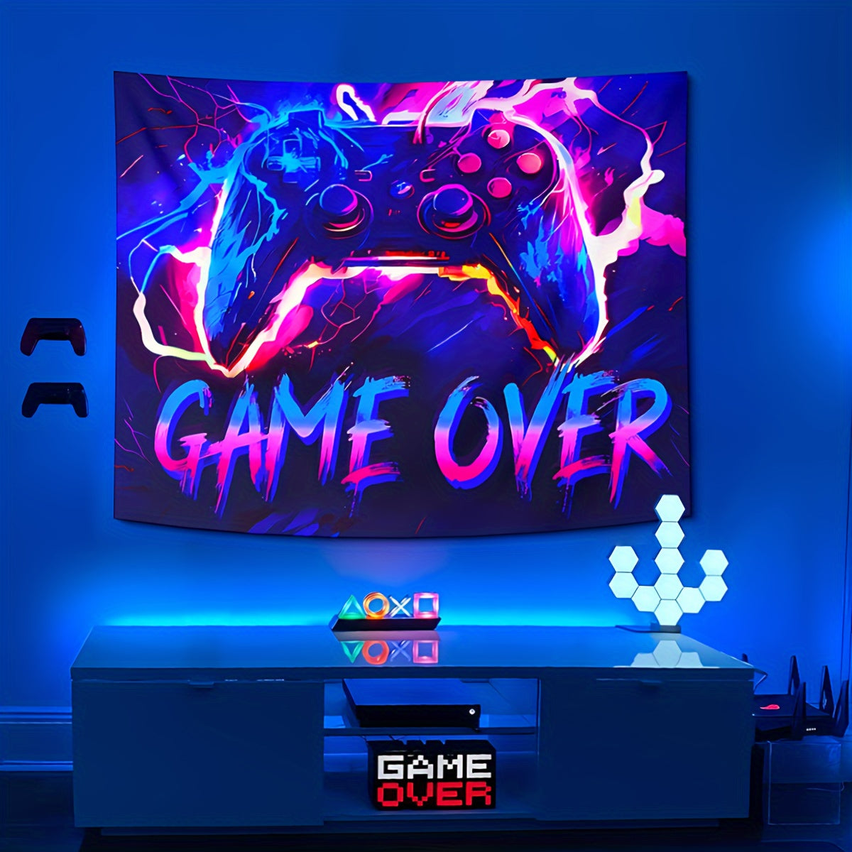 1pc Fluorescent Gaming Tapestry - Vibrant Gaming Theme, UV Blacklight Neon Lights - Ideal for Game Rooms, Dorms, Living Spaces - Enhance Your Home Decor with Dynamic Glow - Free Installation Kit Included