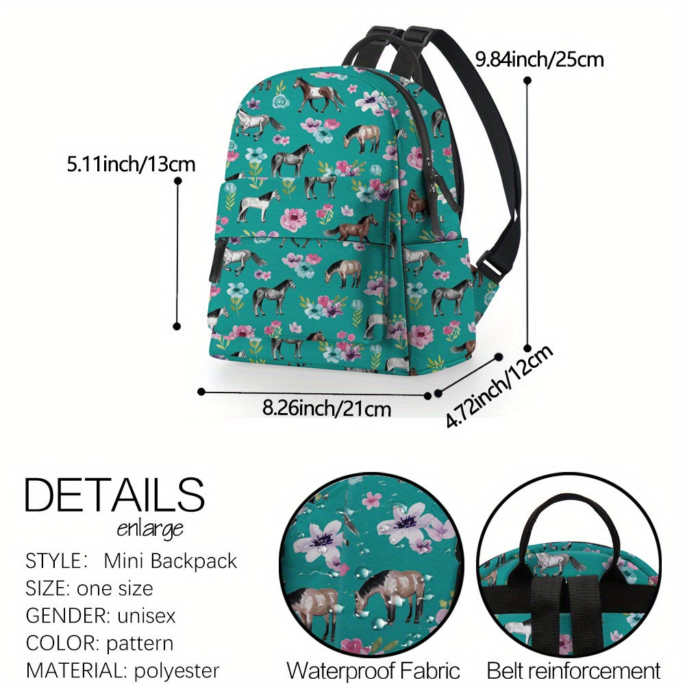 Mini Backpack, Small Women's Campus School Bag, Cute Horse Backpack