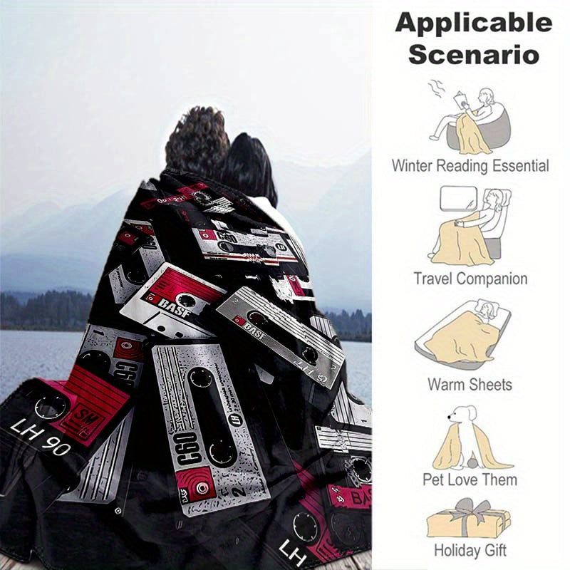Retro Cassette Tape Design Soft Polyester Square Blanket for Sofa, Bed, Picnic, and Office Use - Comfortable and Cozy Art Print Throw Blanket