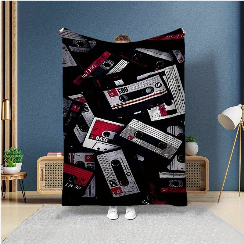 Retro Cassette Tape Design Soft Polyester Square Blanket for Sofa, Bed, Picnic, and Office Use - Comfortable and Cozy Art Print Throw Blanket