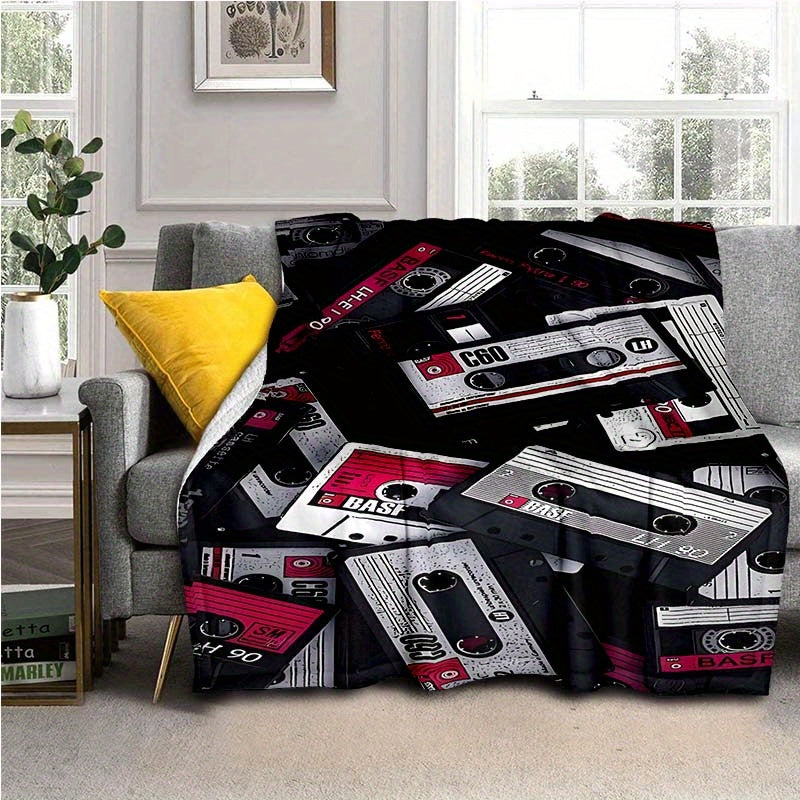 Retro Cassette Tape Design Soft Polyester Square Blanket for Sofa, Bed, Picnic, and Office Use - Comfortable and Cozy Art Print Throw Blanket