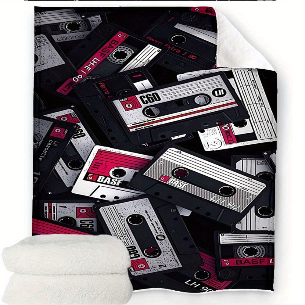Retro Cassette Tape Design Soft Polyester Square Blanket for Sofa, Bed, Picnic, and Office Use - Comfortable and Cozy Art Print Throw Blanket