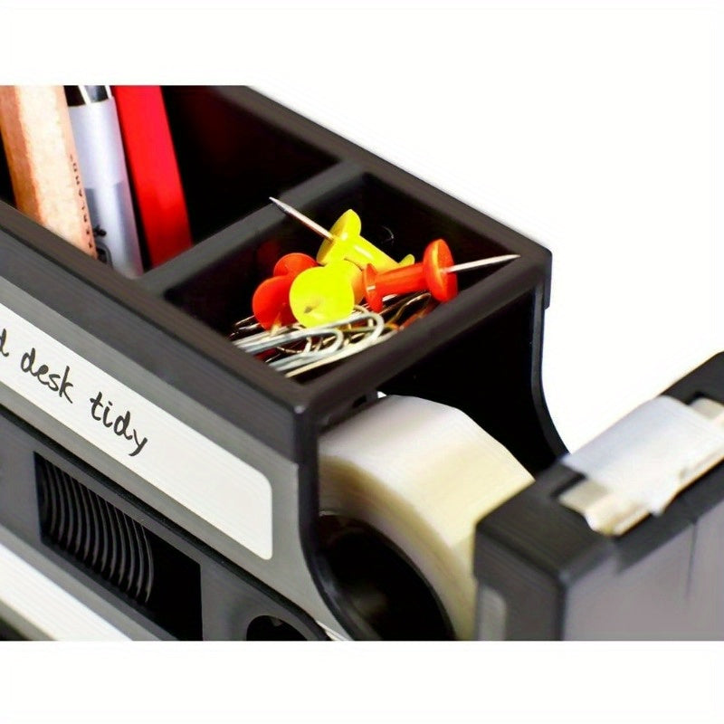 Retro Cassette Tape Dispenser & Pen Holder - Black ABS Resin Desk Organizer, Office Stationery Caddy with Vase Design