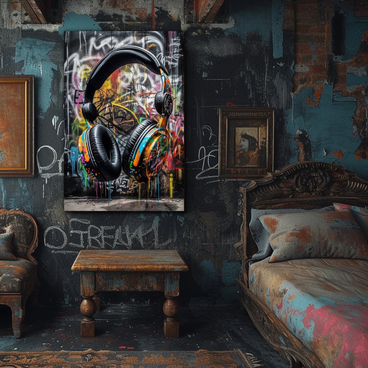 1.5" Thick Pine Frame Graffiti Headphones Art Print - Vibrant Urban DJ Poster, Retro Music Wall Decor, Modern Street Digital Pop Art for Teen Men, Kid, Gamer Bedroom Room Decor - Unique Abstract Design, High-Quality Print, Re