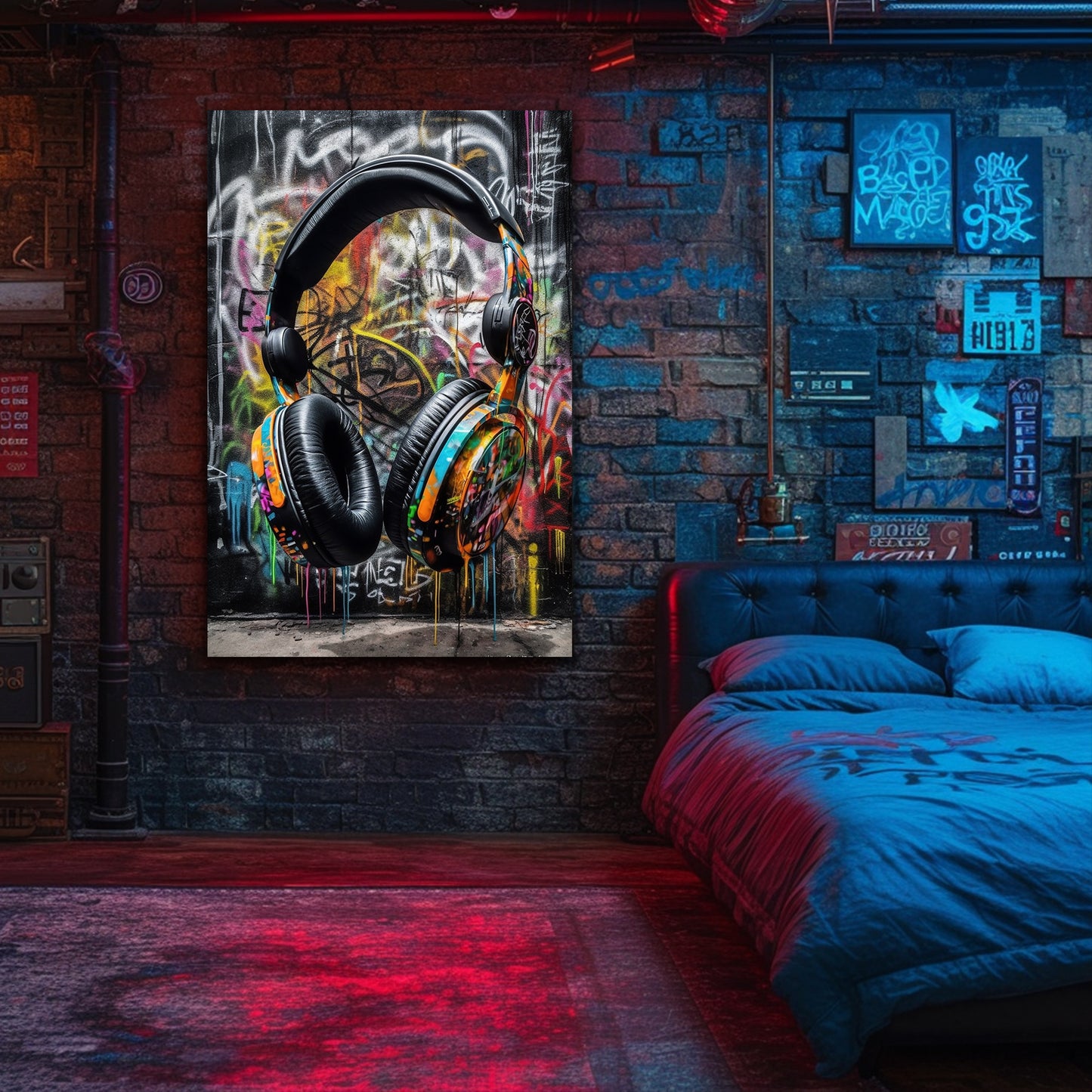 1.5" Thick Pine Frame Graffiti Headphones Art Print - Vibrant Urban DJ Poster, Retro Music Wall Decor, Modern Street Digital Pop Art for Teen Men, Kid, Gamer Bedroom Room Decor - Unique Abstract Design, High-Quality Print, Re