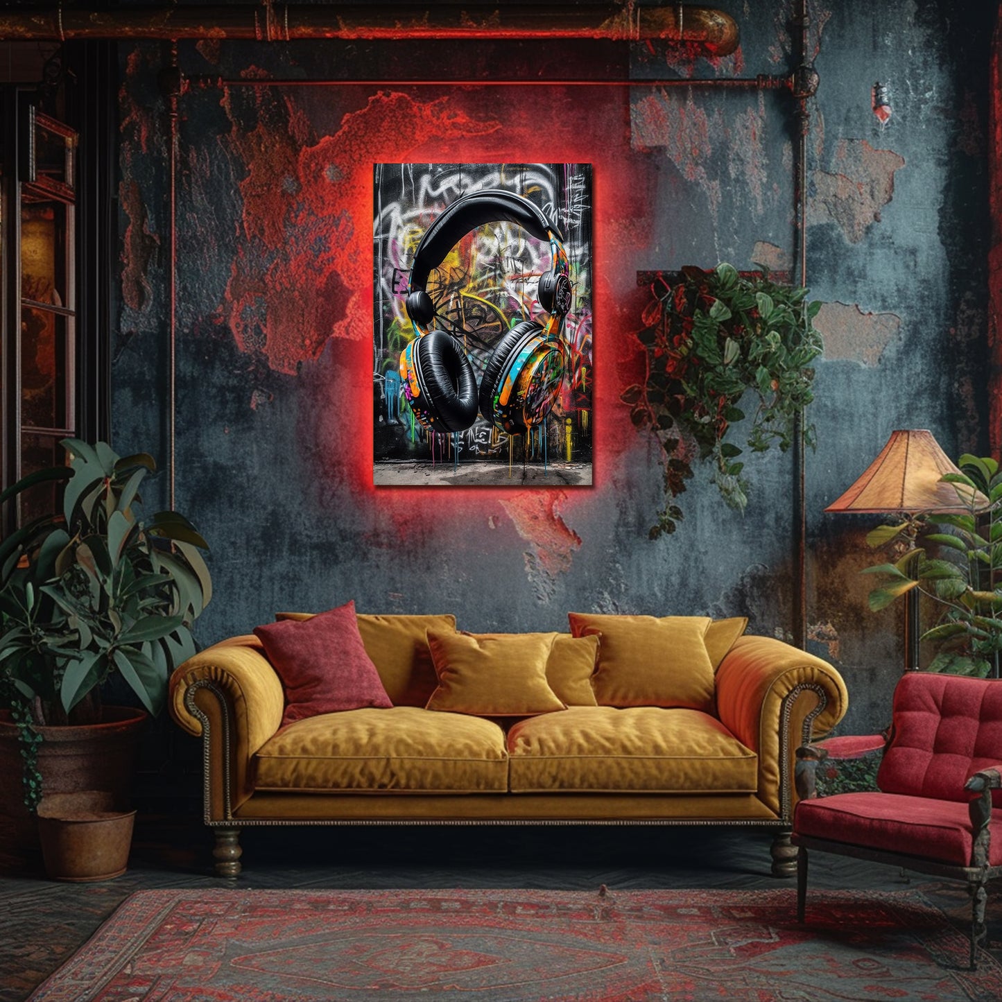 1.5" Thick Pine Frame Graffiti Headphones Art Print - Vibrant Urban DJ Poster, Retro Music Wall Decor, Modern Street Digital Pop Art for Teen Men, Kid, Gamer Bedroom Room Decor - Unique Abstract Design, High-Quality Print, Re