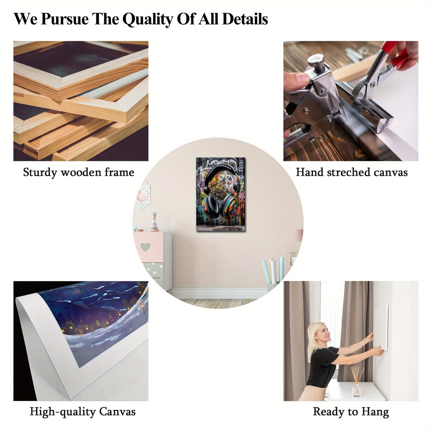 1.5" Thick Pine Frame Graffiti Headphones Art Print - Vibrant Urban DJ Poster, Retro Music Wall Decor, Modern Street Digital Pop Art for Teen Men, Kid, Gamer Bedroom Room Decor - Unique Abstract Design, High-Quality Print, Re