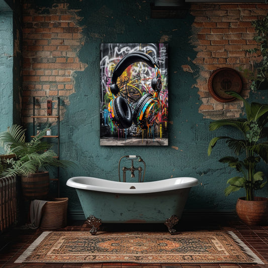 1.5" Thick Pine Frame Graffiti Headphones Art Print - Vibrant Urban DJ Poster, Retro Music Wall Decor, Modern Street Digital Pop Art for Teen Men, Kid, Gamer Bedroom Room Decor - Unique Abstract Design, High-Quality Print, Re