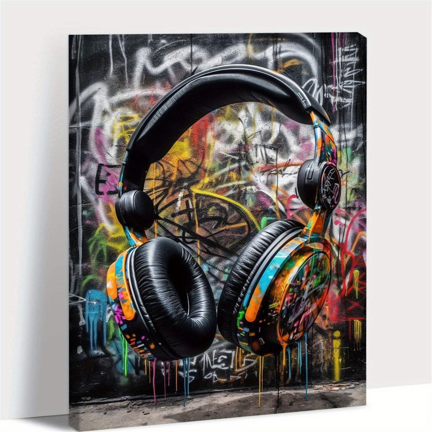 1.5" Thick Pine Frame Graffiti Headphones Art Print - Vibrant Urban DJ Poster, Retro Music Wall Decor, Modern Street Digital Pop Art for Teen Men, Kid, Gamer Bedroom Room Decor - Unique Abstract Design, High-Quality Print, Re