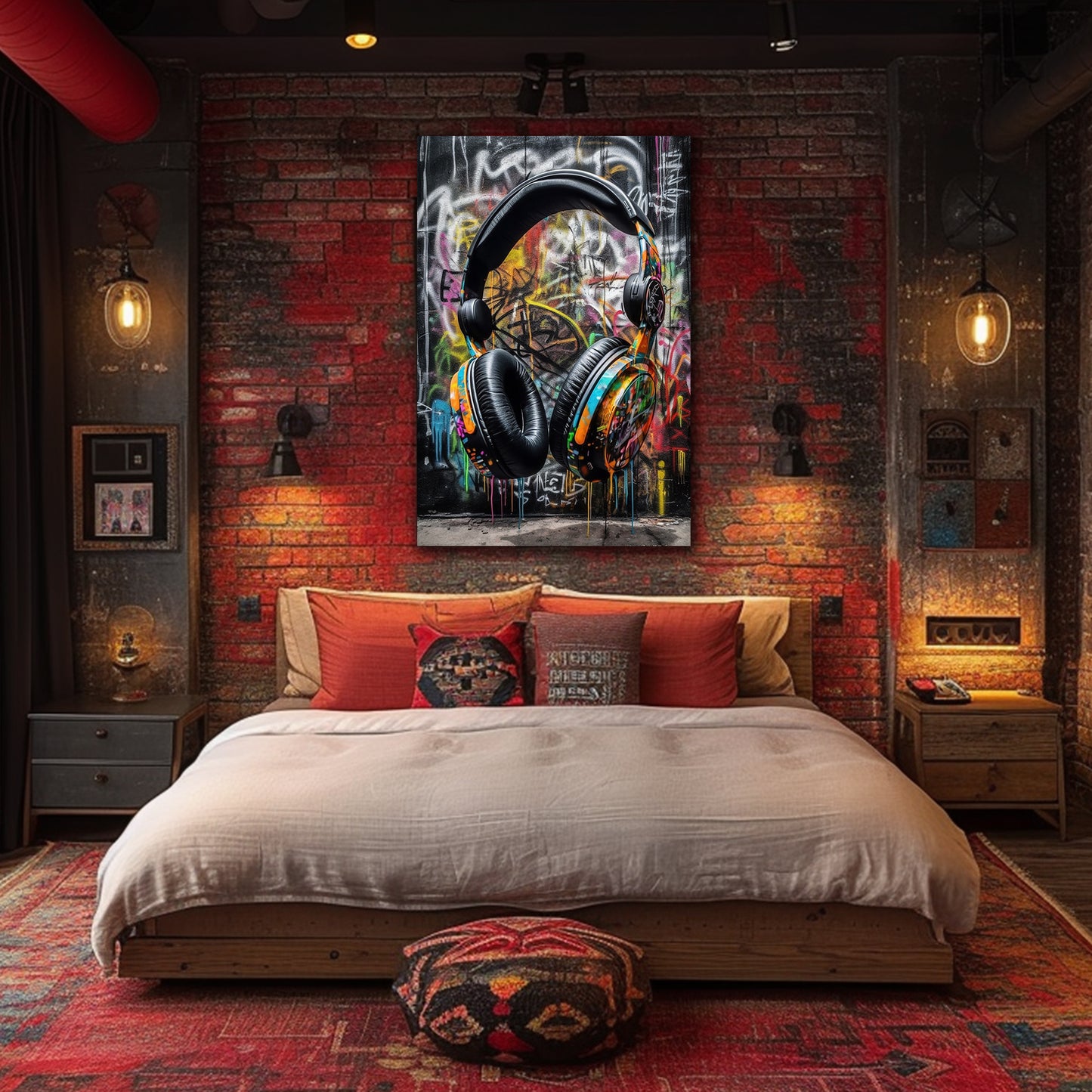 1.5" Thick Pine Frame Graffiti Headphones Art Print - Vibrant Urban DJ Poster, Retro Music Wall Decor, Modern Street Digital Pop Art for Teen Men, Kid, Gamer Bedroom Room Decor - Unique Abstract Design, High-Quality Print, Re