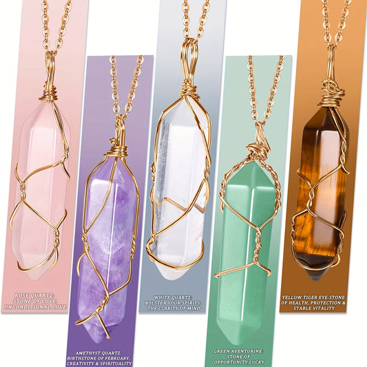 5 Pcs Natural Stone Crystal Necklace Set with Adjustable Chain, Featuring Rose Quartz, Amethyst, Clear Crystal, Green Goldstone, and Tiger Eye for Chakra Healing, Spiritual Jewelry, and Daily Wear