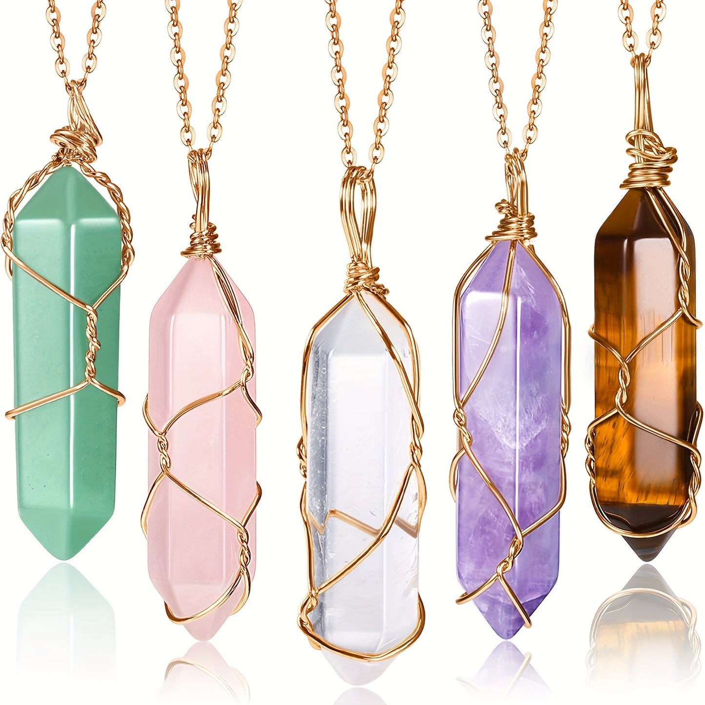 5 Pcs Natural Stone Crystal Necklace Set with Adjustable Chain, Featuring Rose Quartz, Amethyst, Clear Crystal, Green Goldstone, and Tiger Eye for Chakra Healing, Spiritual Jewelry, and Daily Wear