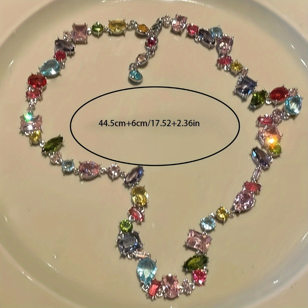 1pc Multicolor Crystal Necklace, Sweetheart Candy-Inspired, Luxurious Geometric Shape Rainbow Design