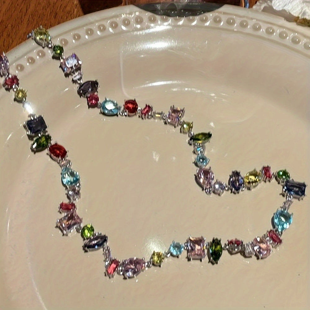 1pc Multicolor Crystal Necklace, Sweetheart Candy-Inspired, Luxurious Geometric Shape Rainbow Design